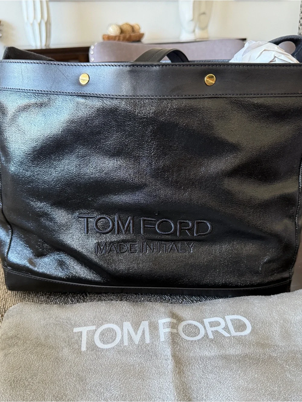 Tom Ford Black Leather Logo Tote Bag